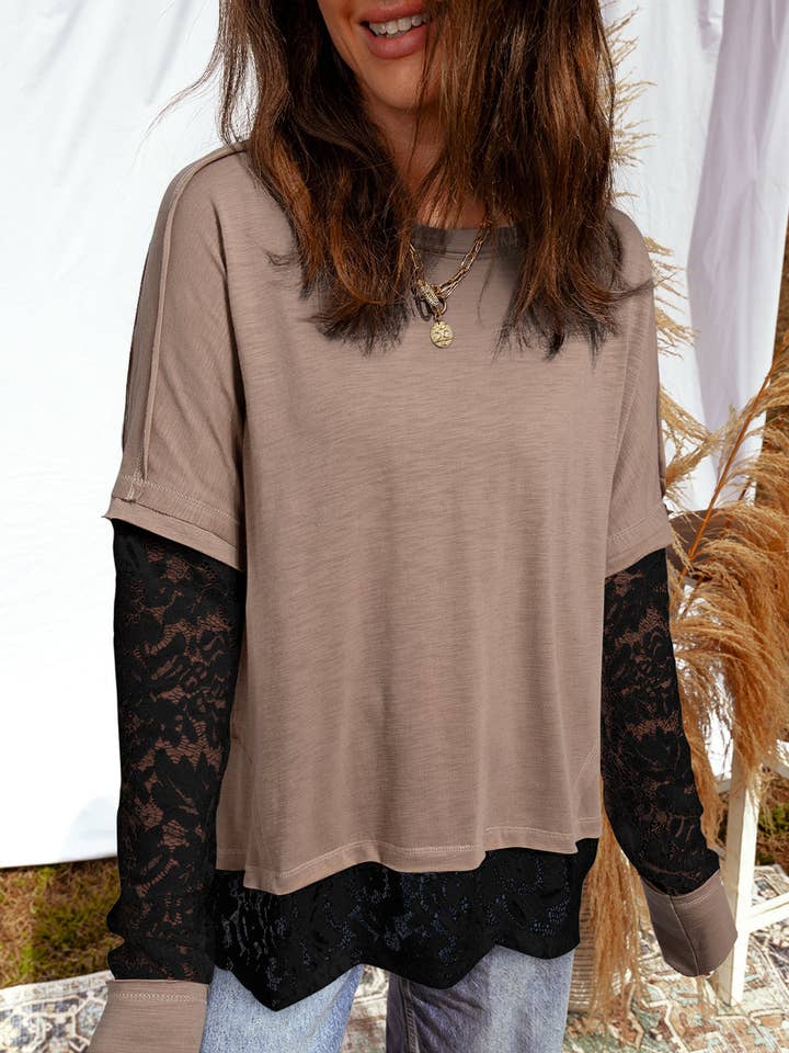 Light French Beige Sheer Lace Patchwork Casual Long Sleeve Tee for wholesale by Secret Style Source