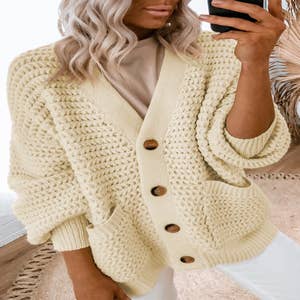 Women's Beige Chunky Textured Knit Pocketed Cardigan Casual Soft V Neck  Solid Long Sleeve Cardigan Sweater Tops at  Women's Clothing store