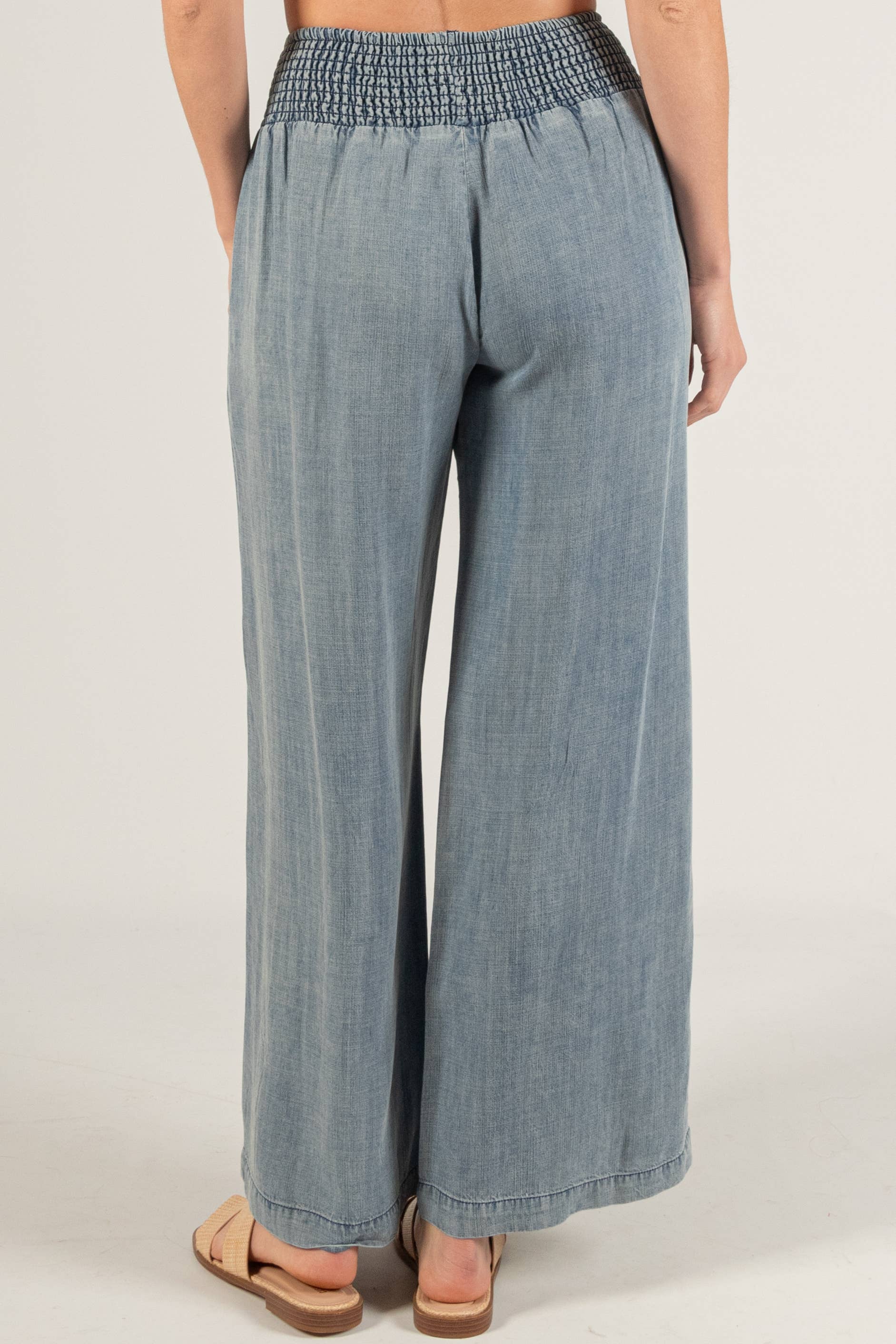 Medium Wash Tencel Wide Leg Pants with Smocked Waist for wholesale on Faire1