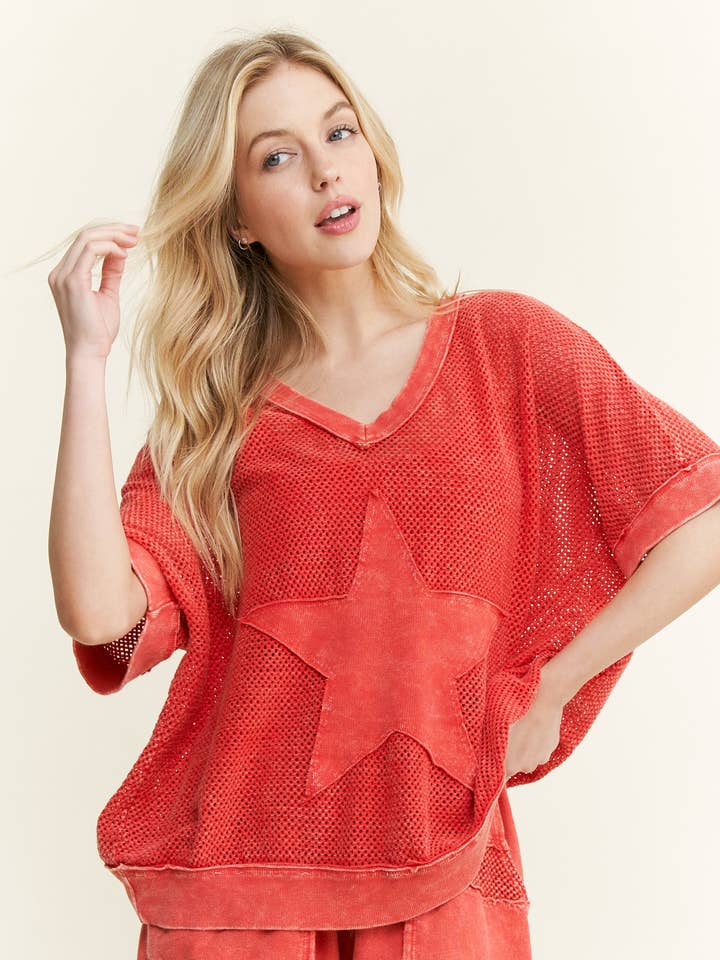 MineralWashed Star patched Mesh Knit Vest top HT6385  for wholesale by J.Her