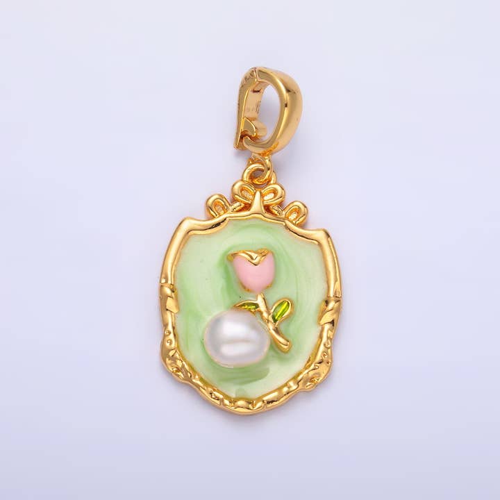 Aim Eternal - Wholesale Individual Charm/Pendant - 24K Gold Filled Green Pink Rose Flower With Pearl Snap Bail Pendant | AA14623