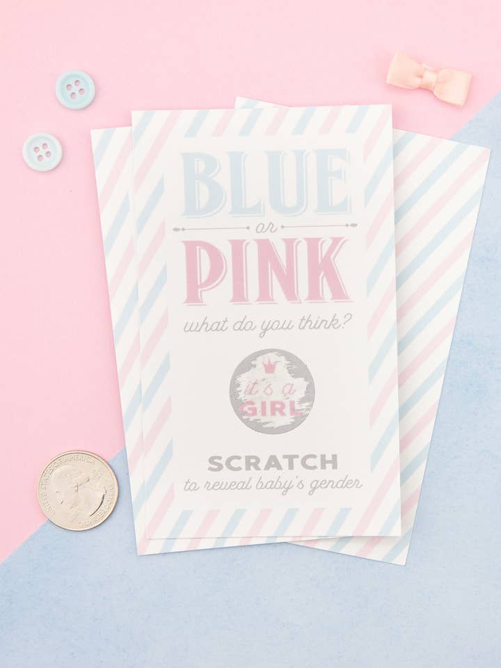 Gender Reveal Scratch Off Cards, Blue or Pink, Gender Reveal Ideas, Reveal Party, Boy or Girl Gender Reveal, Baby Shower Game, Printed Cards for wholesale by Paprika Paperie