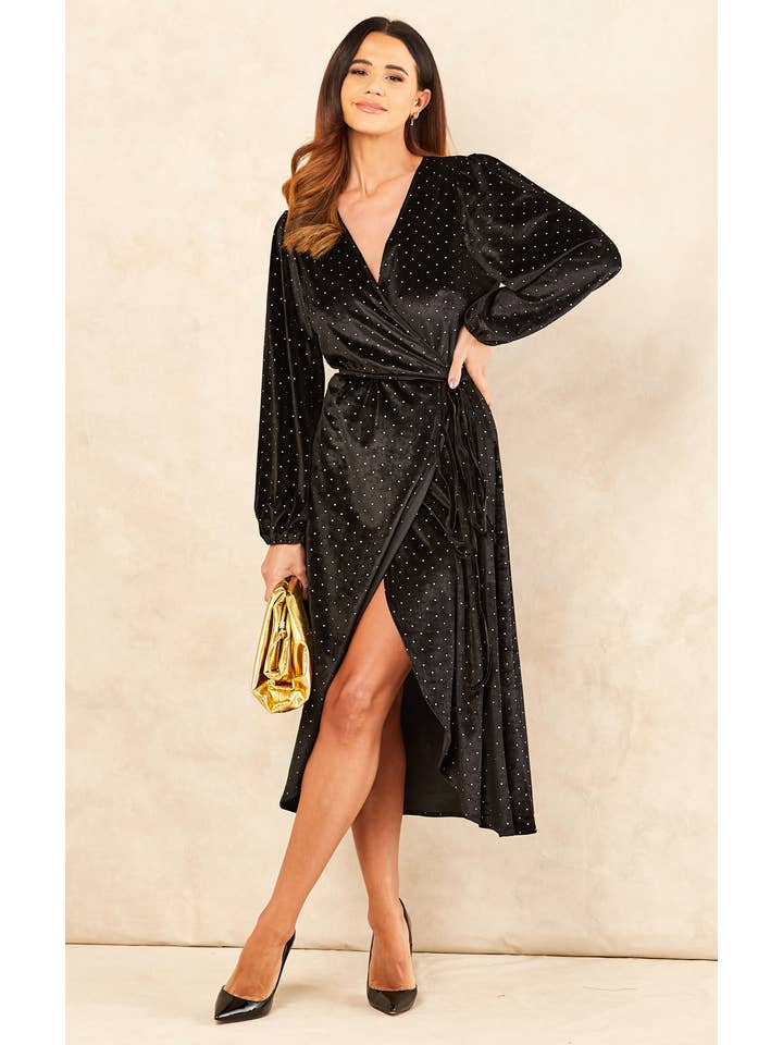 Curved Hem Long Sleeve Midi Wrap Dress in Black Gold Spot Velvet | Georgia for wholesale on Faire
