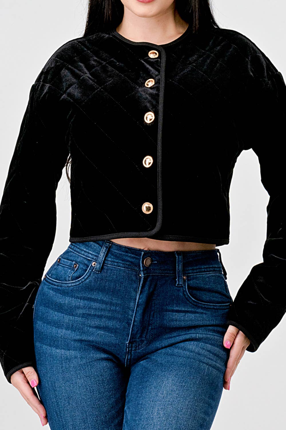 NEGRO Chaqueta acolchada de terciopelo con botones al frente PG3317K CLASSY de venta al por mayor en Faire6