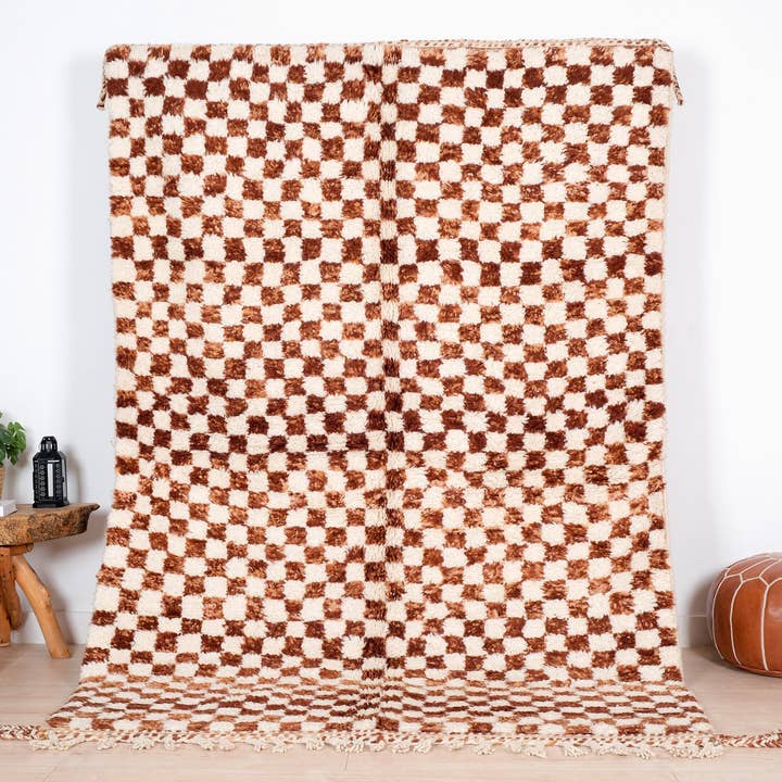 Moroccan Woven Treasures – Engroshandel Løst tæppe – Marokkansk brun Ternet tæppe, Blød uld Stort tæppe