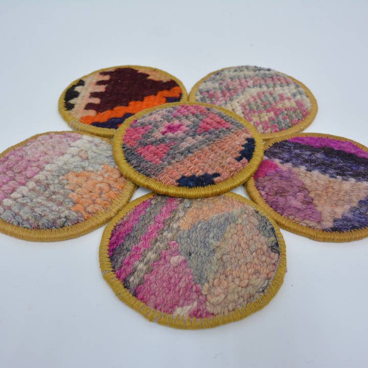 Turkish Rug Drink Coaster Set of Six, Non Slip Handmade for wholesale by Kilim Pillow Decors
