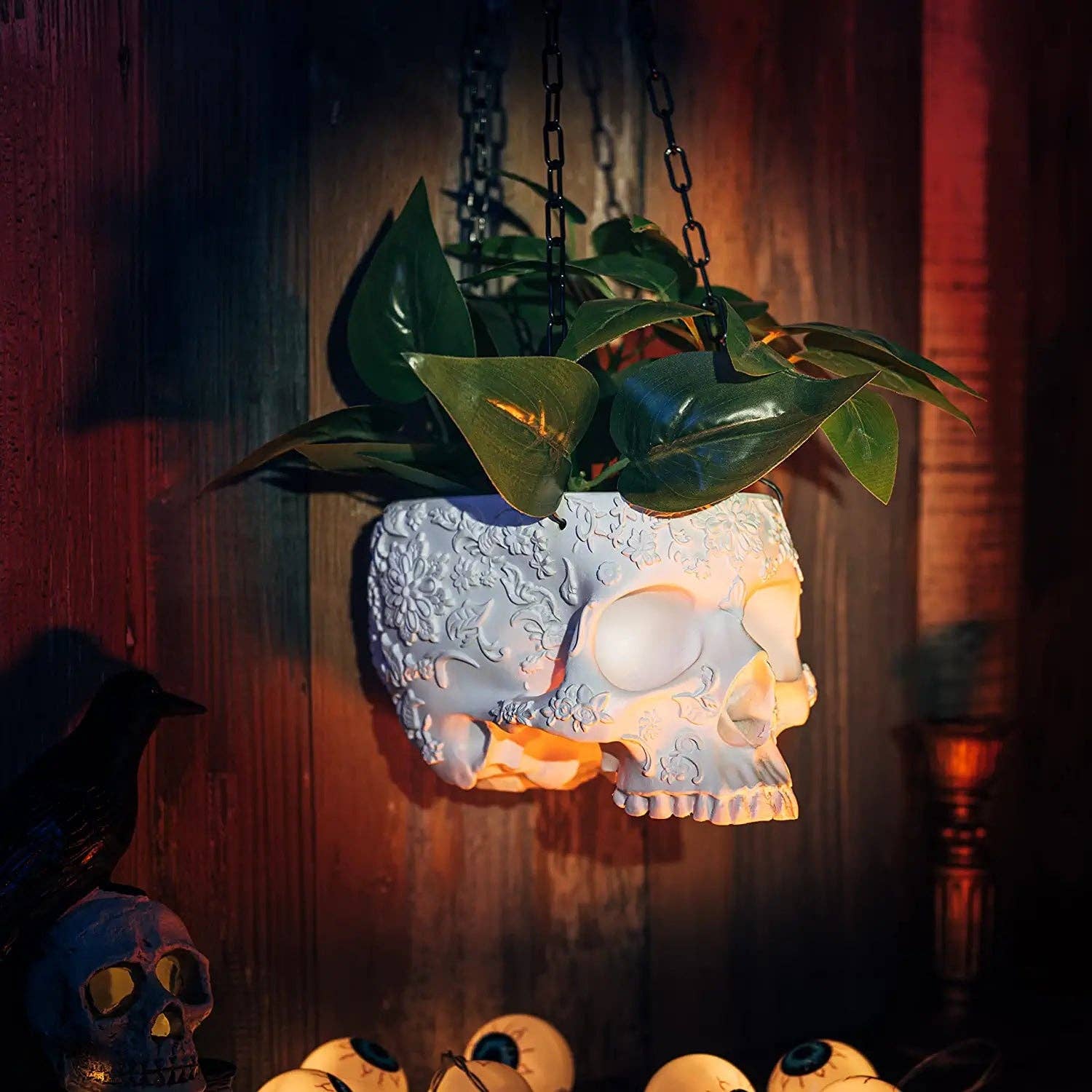 The Wine Savant /  Khen Glassware - Venta al por mayor Macetas colgantes - Maceta colgante con forma de calavera, diseño de esqueleto, blanca, para Halloween, otoño1