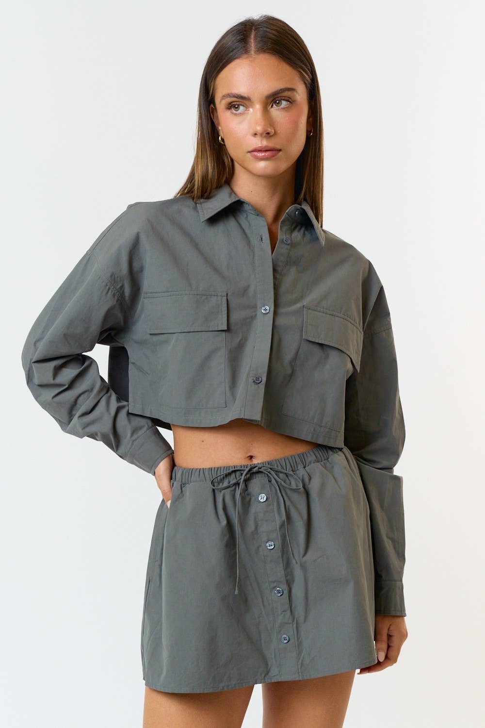 BURGUNDY Poplin Button Down Crop Shirt Jacket for wholesale on Faire6