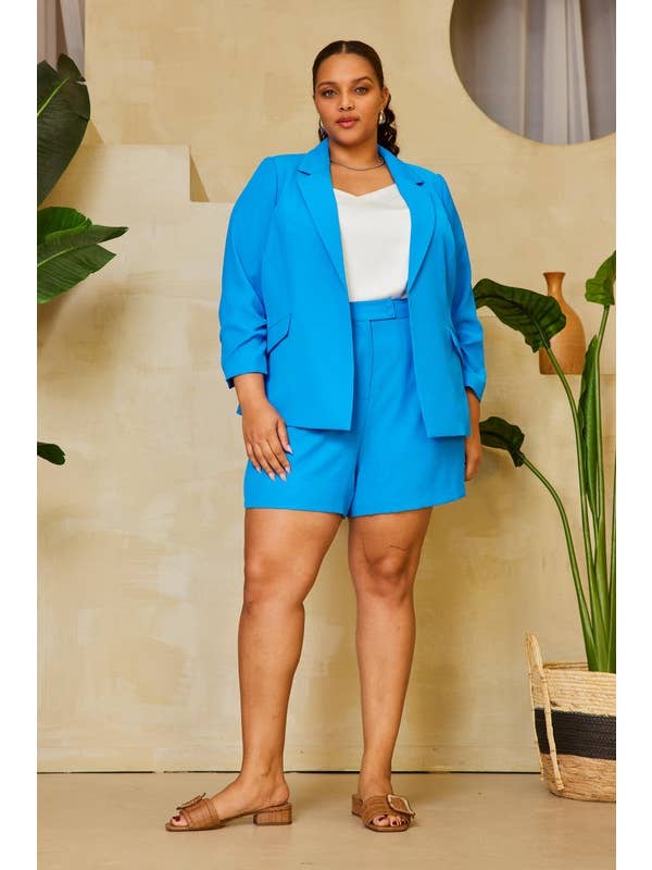 SKIES ARE BLUE - Wholesale Blazer - Women's - Plus Size Recycled Poly Shirred Sleeve Blazer
3