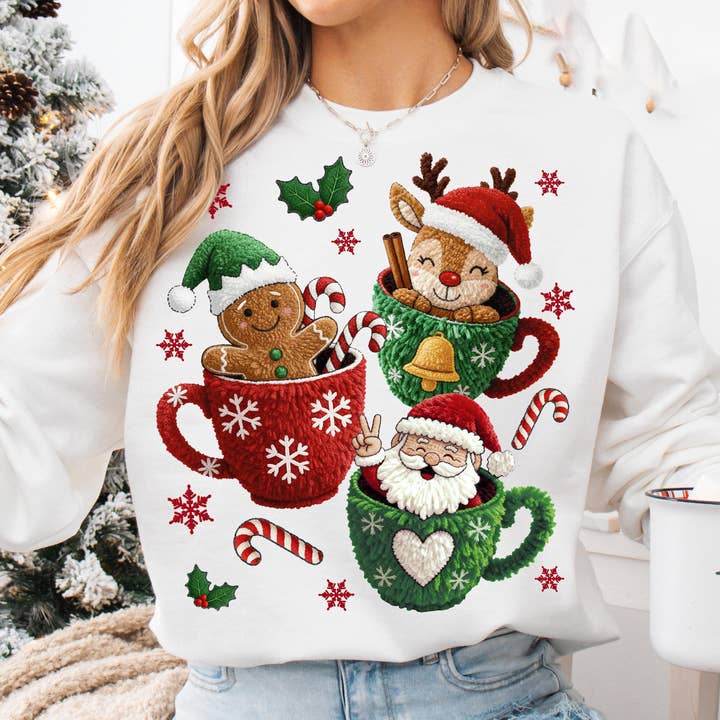 NVC Ecommerce LLC - Wholesale T-Shirt (Graphic) - Women's - Faux Yarn Crochet Christmas Mugs Shirt, Santa Sweater0