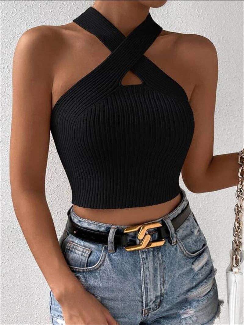 safistyle - Wholesale Knit Top - Women's - Cross Halter Ribbed Crop Top5