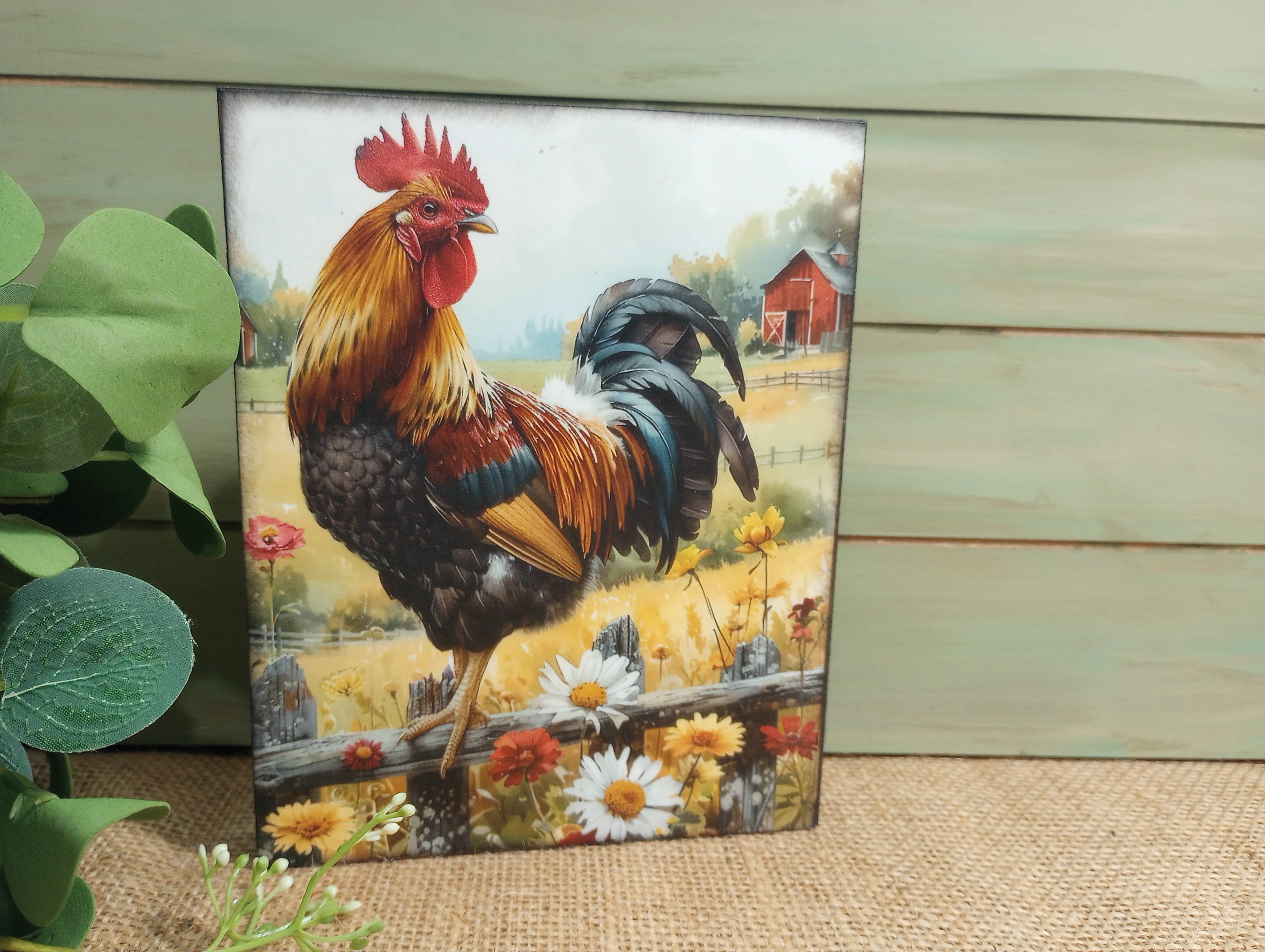 Bluegrass Burlap Co - Wholesale Sign - Rooster Wood Sign - Rooster on Fence0