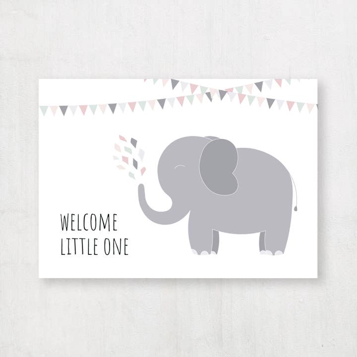 Postkarte Elefant Baby "Welcome little one" für den Großhandel von Emma Plitt Design