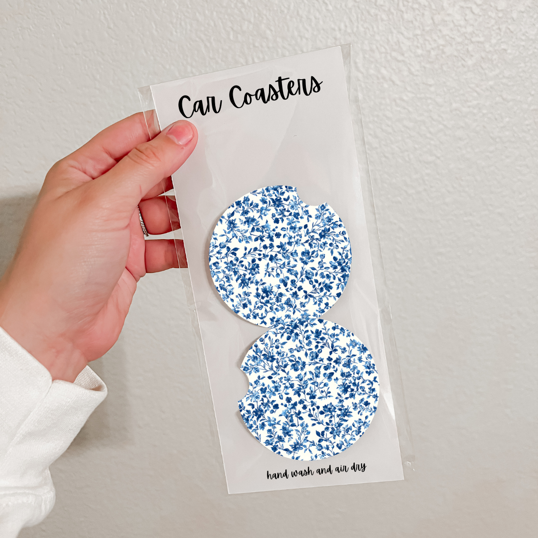 Olivia + Rose - Wholesale Car Coaster - Women's - Set of 2 Neoprene Car Coasters | Blue Florals (20 Options)4