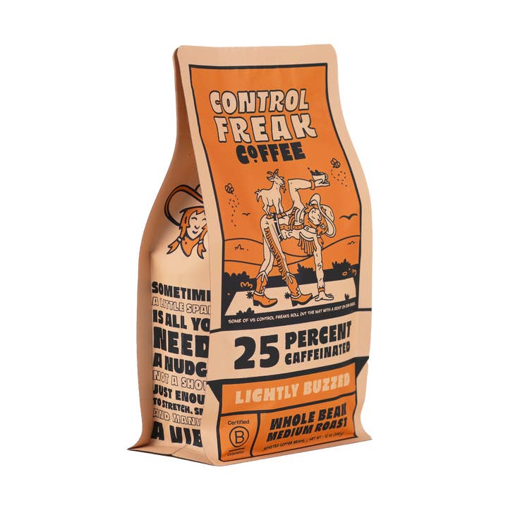 12 oz, Medium Roast, Whole Bean Coffee, 25% Caffeinated for wholesale by Control Freak Coffee