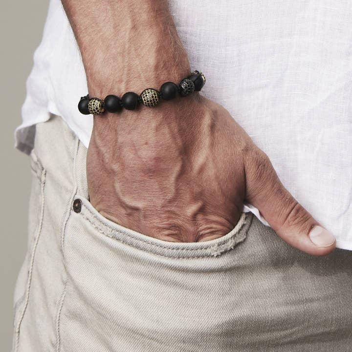 Bhoma - Mens Designer Jewelry - Wholesale Beaded Bracelet - Mens Black and Gold Bead Bracelet, Adjustable Size1