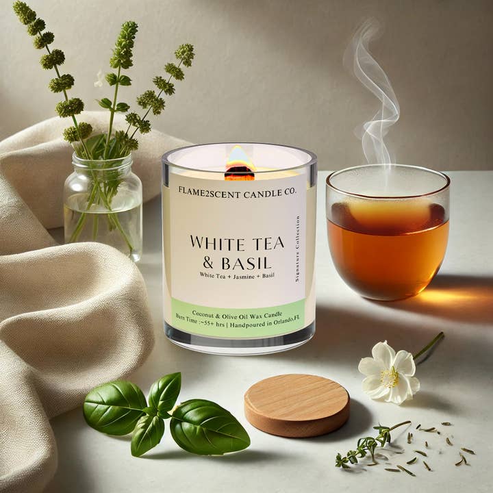 Flame2scent Candle Co. – wholesale Burkljus – Vitt te & basilika ljus | Vitt te + jasmin + basilika