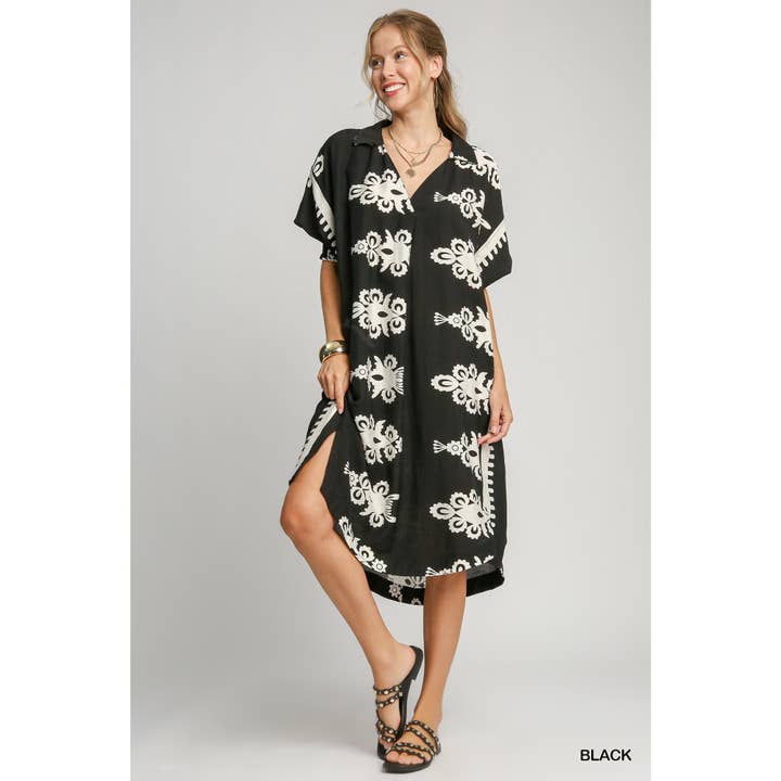 BNS - Wholesale Dress - Women's - Abstract Print V Neck High Low Midi Dress w_Pocket0