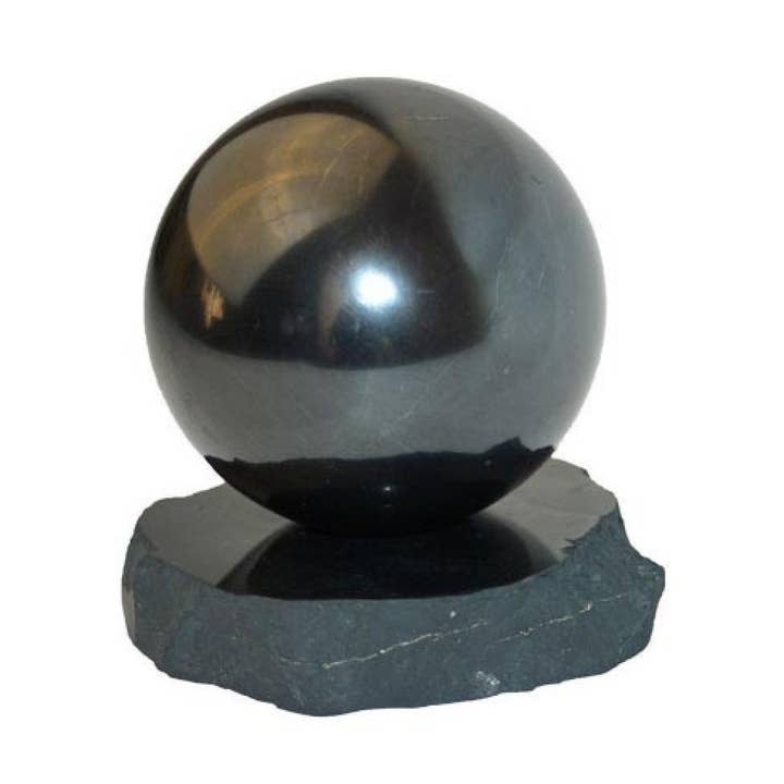Shungite sphere with saucer 15 cm polished for wholesale by Schungit-Welt