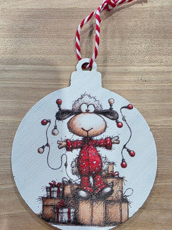 Whimsical Christmas Sheep - Wood Ornament for wholesale by Inklusive Printing, Designs & More