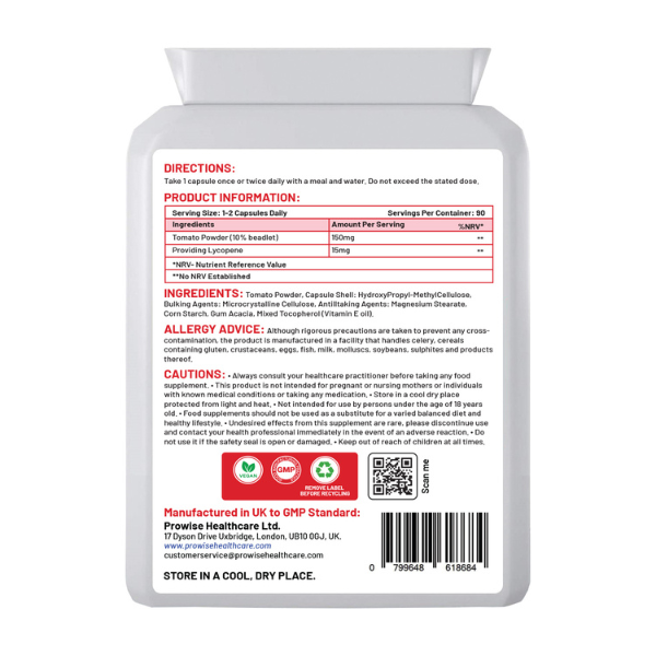 Prowise Healthcare – wholesale Oral supplement/vitamin – Lycopene 10% Beadlet 15mg 90 Capsules - UK Manufactured | GM1