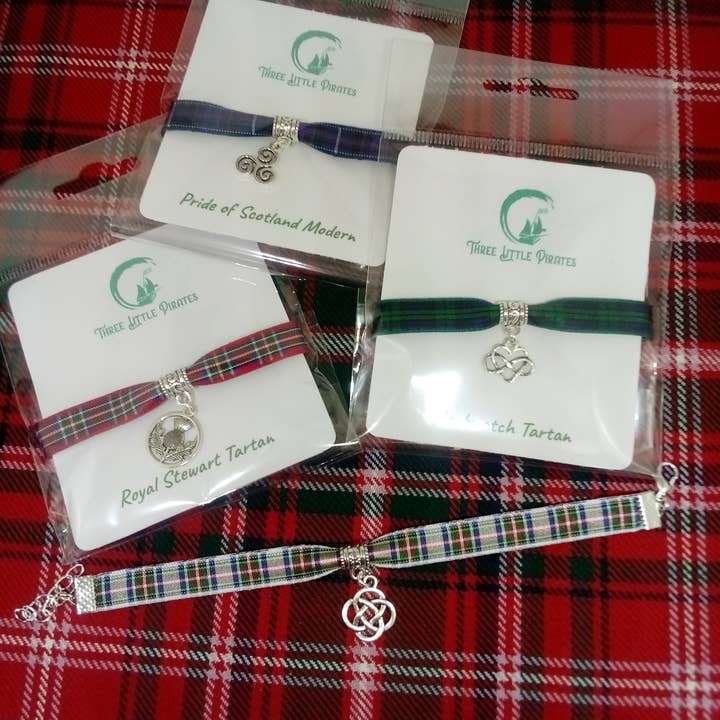 Three Little Pirates - Wholesale Charm/Dangle Bracelet - Scottish tartan bracelets with dangly celtic style charms