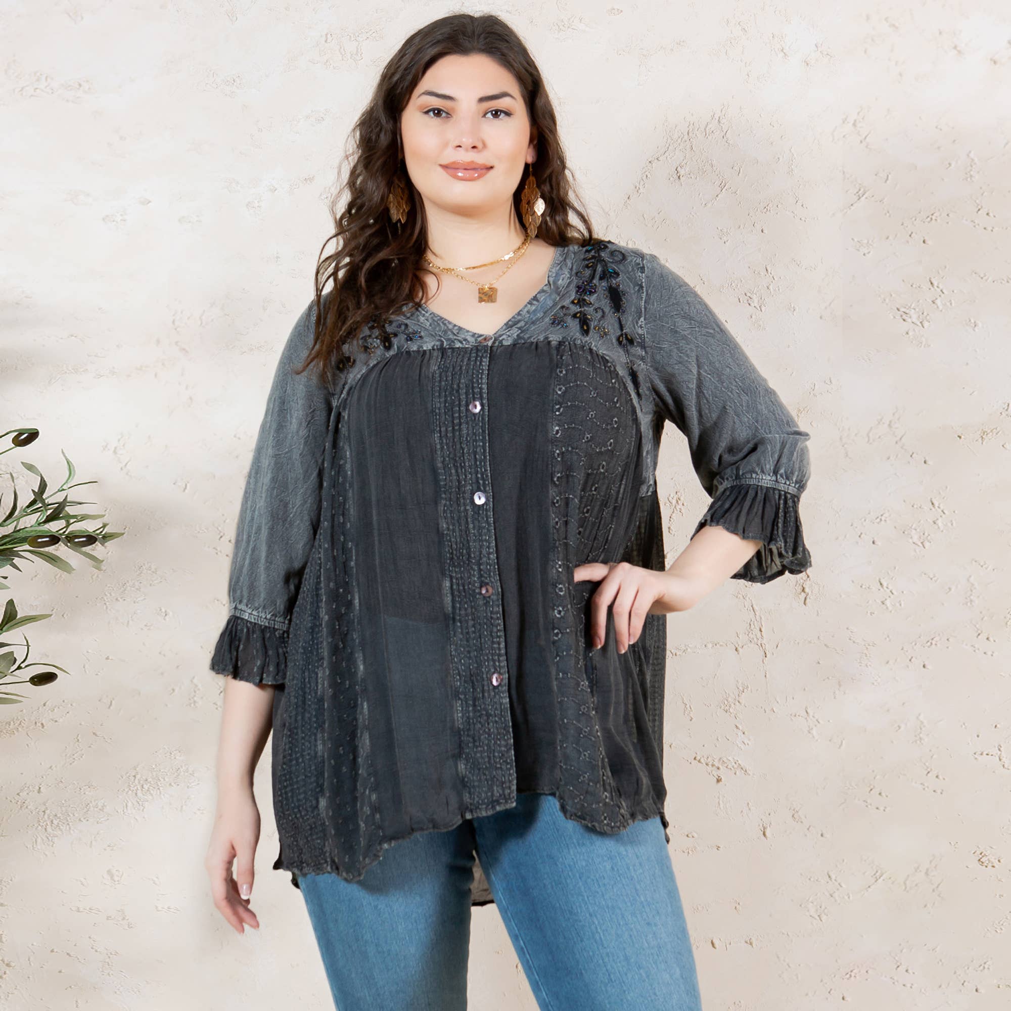 Young Threads - Venta al por mayor Blusa - Mujer - Blusa bohemia adornada estilo western (Color nuevo)0