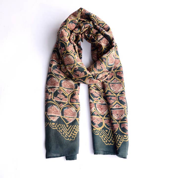 Ichcha - Wholesale Scarf – Women's - Cotton Silk Large Handmade Indian Block Print Scarf |Emerald1