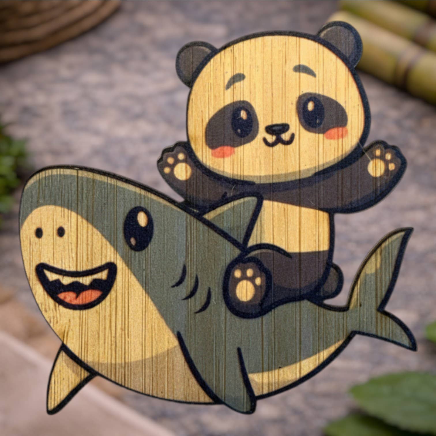 Bamboo Wood Stickers - Wholesale Sticker - Panda Riding Shark0