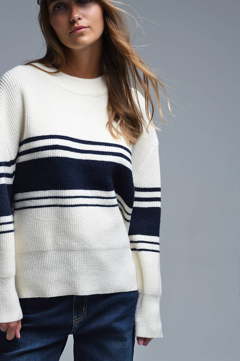 Ribbed Cream Sweater With Navy Chest Stripes for wholesale on Faire0
