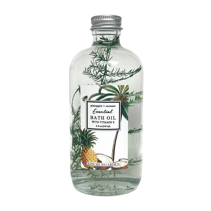 Pineapple Coconut Bath Oil 8 oz glass for wholesale by Kiss Me in the Garden