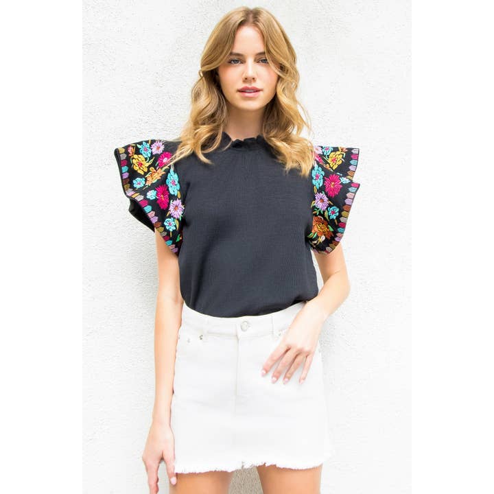 Black Flutter Sleeve Top with Colorful Floral Embroidery for wholesale by THML