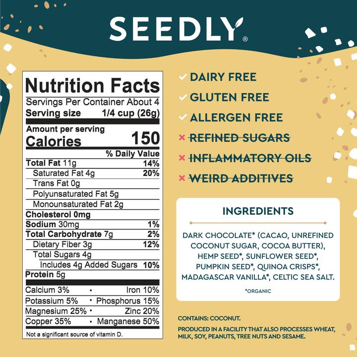 SEEDLY Foods - Vente Barre chocolatée - SEEDLY, quinoa croquant à la vanille, écorce de chocolat noir, 3,6 oz.5