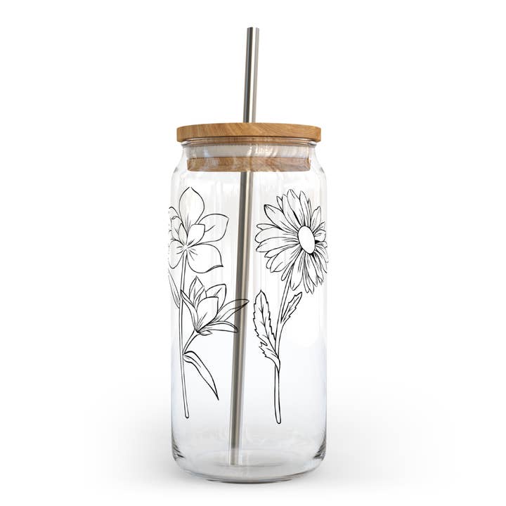 DIYxe - Wholesale Drinking Glass/Cup - Wildflower Glass Can w Bamboo Lid