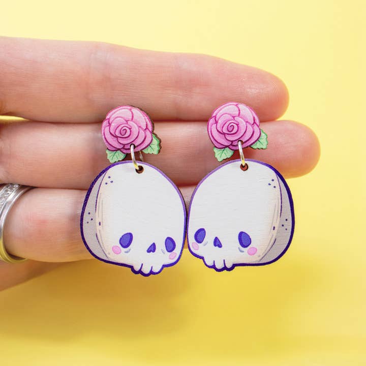 Kawaii Goth Skull and Rose Dangle Earrings for wholesale by PeachyApricot