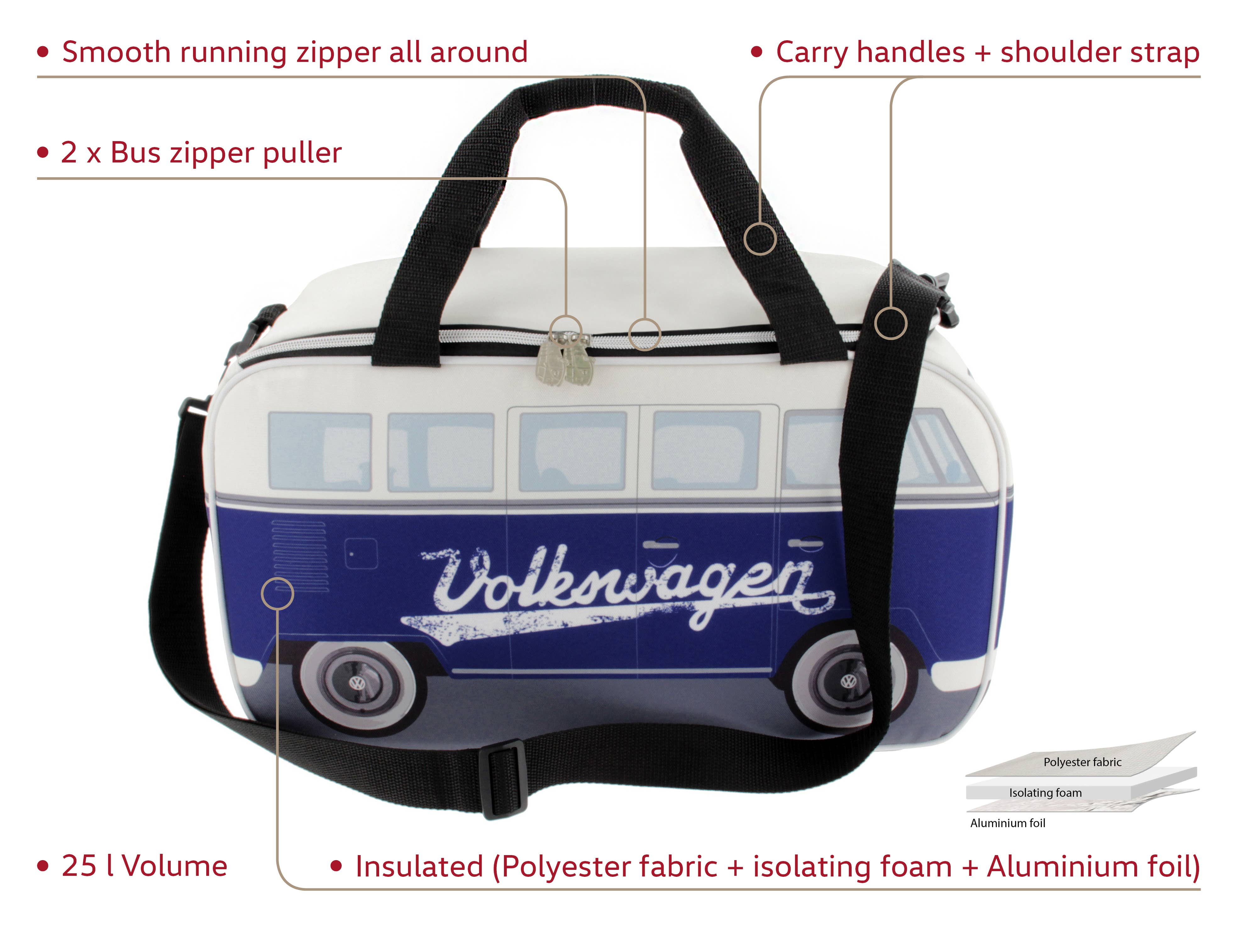 VW Collection by BRISA - Vente Glacière/sac isotherme - Sac isotherme de voyage léger VW T1 Bus (25 l) – bleu/blanc1