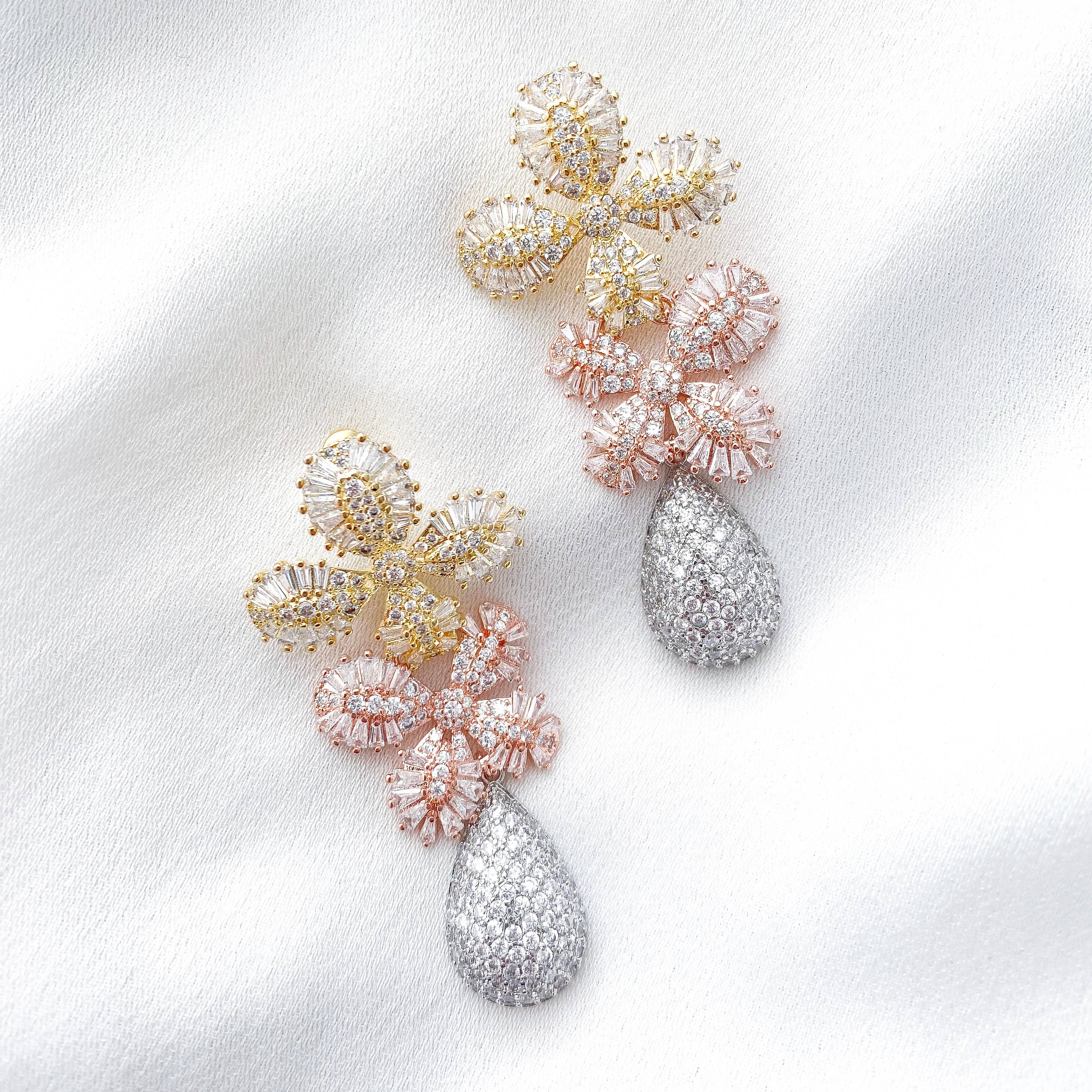 Nicholls Jewellery – wholesale Dangle earrings – Gold, Rose Gold and Silver Crystal Flower earrings5