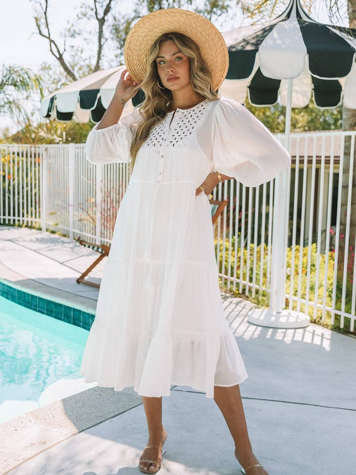 Boho Chic Cotton Gauze Balloon Sleeve Midi Dress for wholesale by Lovestitch