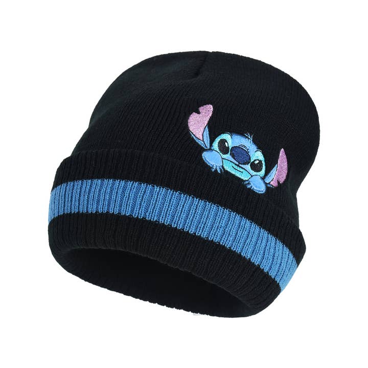 Concept One - Wholesale Beanie - Women's - Disney Lilo & Stitch Peeking Striped Beanie, Black / Blue