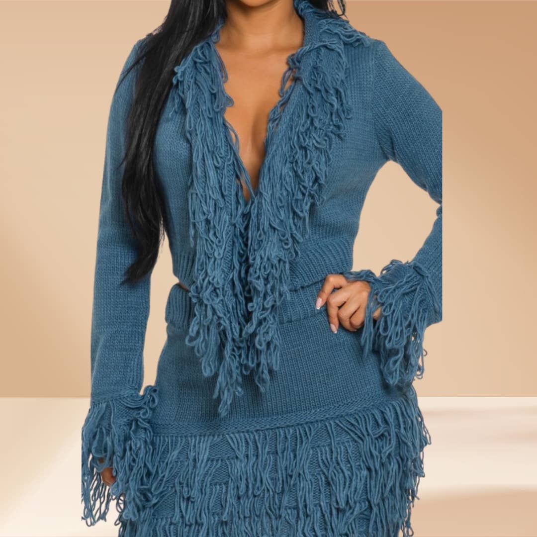Celystrends - Wholesale Top & Skirt Set - Women's - Fringe Skirt Set Sweater Knit 4