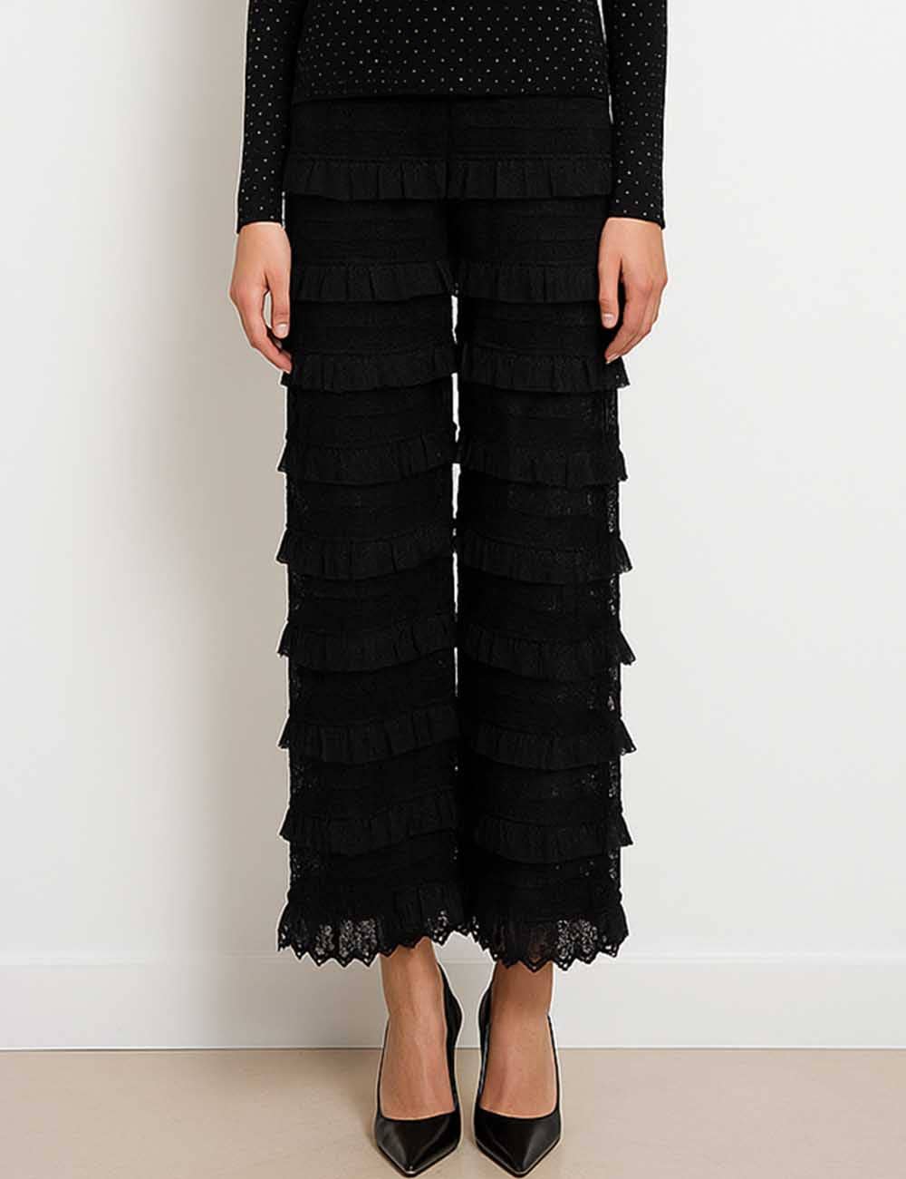 Black Ladies Romantic Elegant Ruffle Wide Leg Pants for wholesale on Faire0
