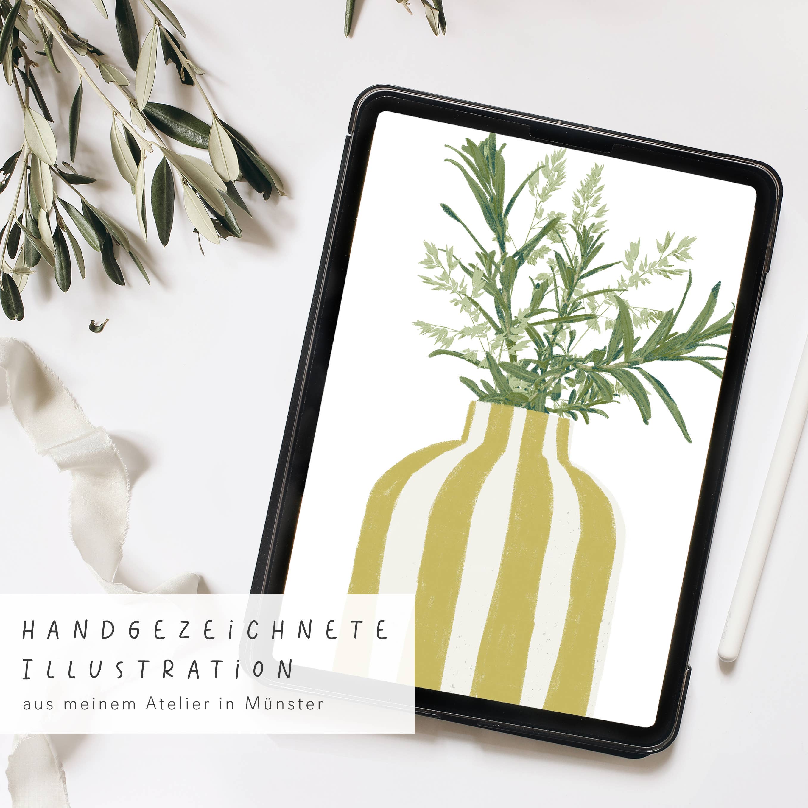 Wildblumen Atelier - Wholesale Postcard - Postcard Vase Yellow Stripes Sea Buckthorn Branches, FSC2