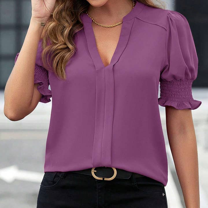 V-neck temperament puffy sleeve loose shirt for wholesale by Lily Clothing