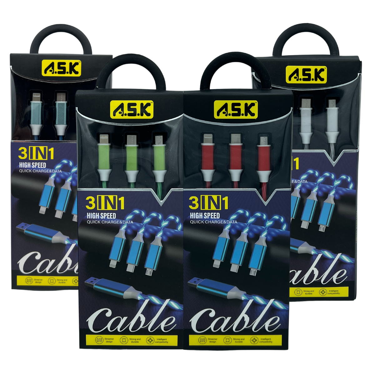 K & S WHOLESALE INC - Wholesale Charging Cable - A.S.K LED 3 in 1 Charging Cable with Multiport Device 48 CT0