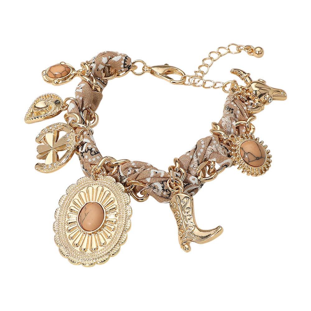 Sensibling Corp. - Vente Bracelets à breloques/pendentifs - Bracelet chaîne en tissu avec breloque bottes et chapeau de cowboy occidental1