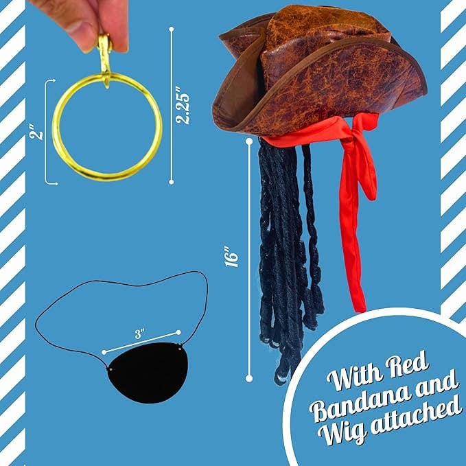 4E's Novelty - Vente Déguisement – unisexe - Ensemble de 3 accessoires pour pirates : cache-œil, chapeau de pirate avec cheveux dreadlocks et bandana rouge4