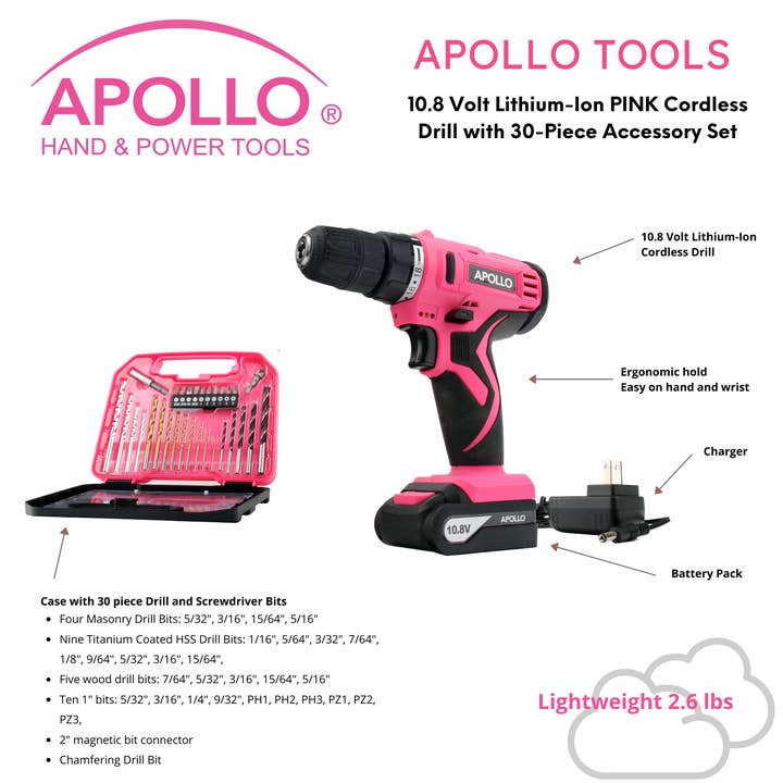 Apollo Tools - Wholesale Small/Handheld Appliance - 10.8 Volt Lithium-Ion Cordless Drill with 30 Piece Accessory1