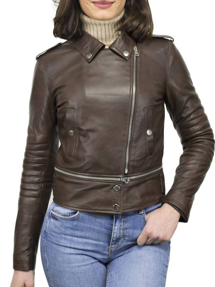 Tokyo - Chaqueta motera para mujer de cuero genuino marrón oscuro envejecido para venta al por mayor de Michelangelo srls