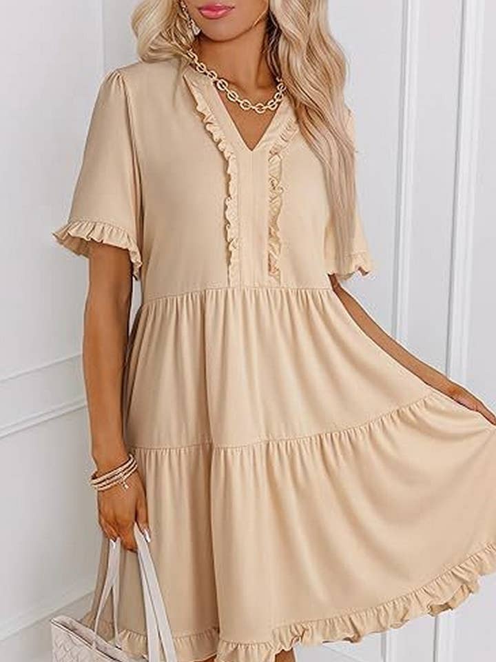 CWDSD8780_V-NECK SHORT-SLEEVED CASUAL A-LINE RUFFLED MINI DR for wholesale by NINEXIS