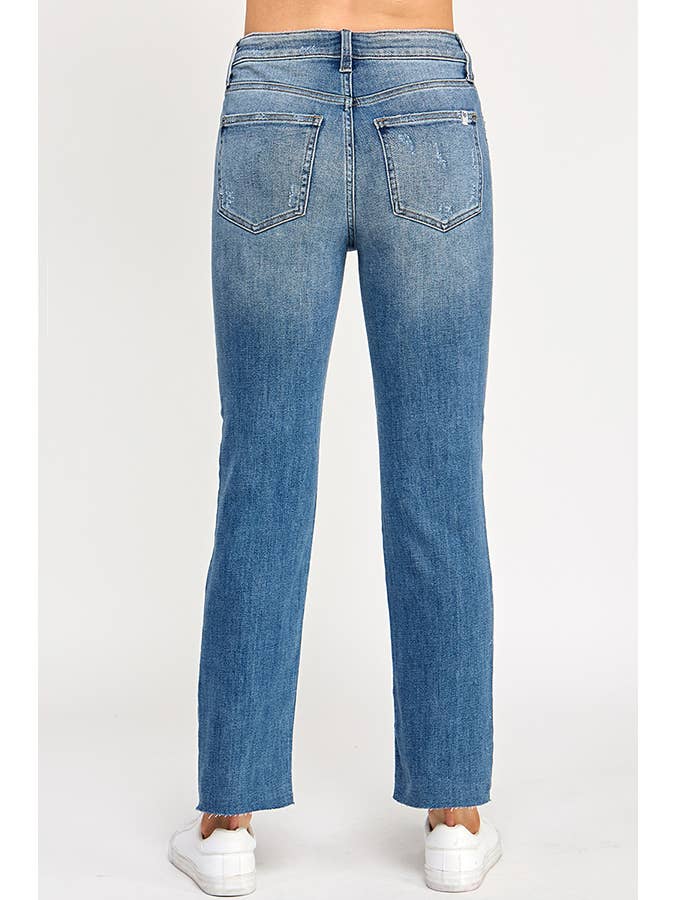 Medium ♡20% OFF♡ HIGH RISE SCISSOR CUT HEM SLIM STRAIGHT JEANS- MED for wholesale on Faire